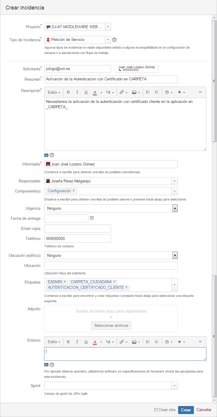  JIRA para la activación de la autenticación con certificado. 